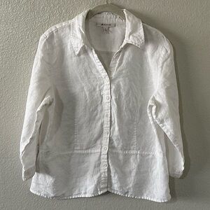 JM Collection |  100% Linen Lightweight White Button Down Blouse, Size 14